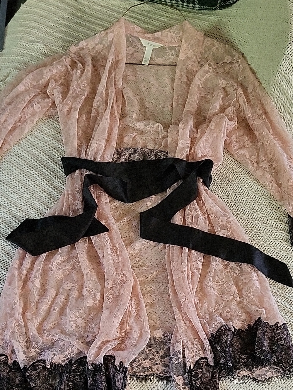 SOMA Pink Lace Robe with Black Lace Accents & Waist Ribbon Tie